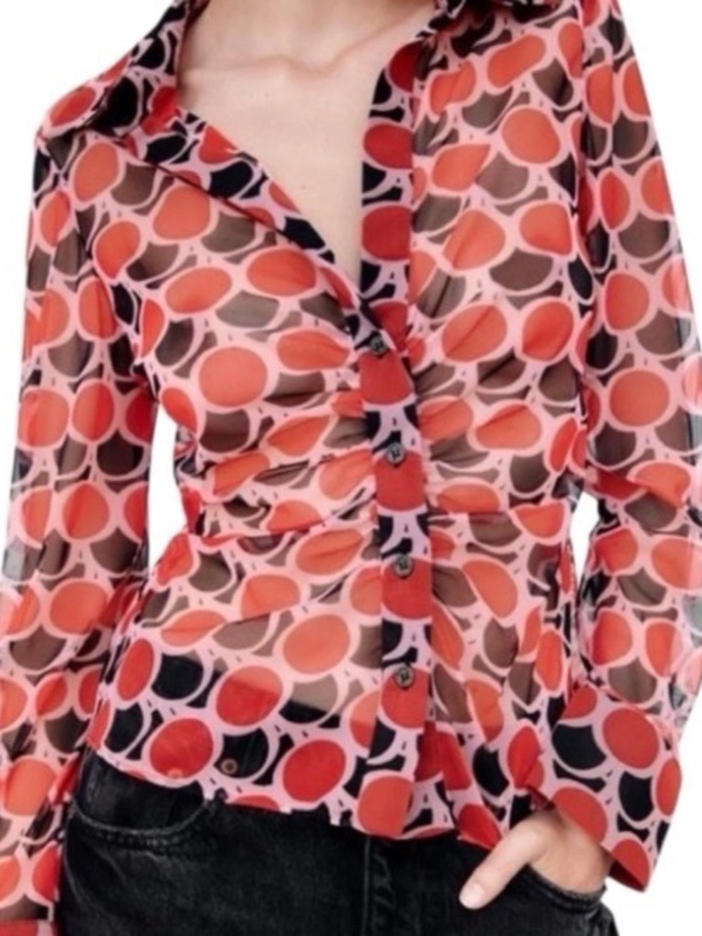 Zara Women's Size XS Sheer Red Black Geometric V Neck Long Sleeve Blouse